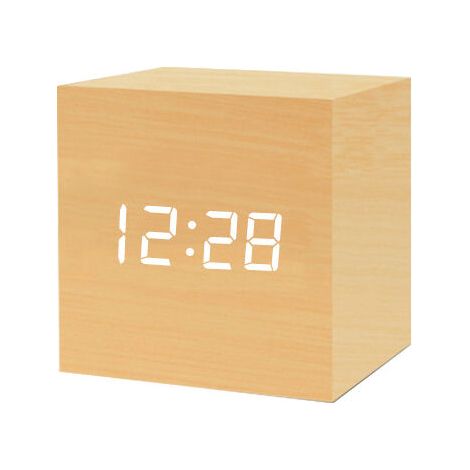 horloge en bois led horloge électronique créative horloge numérique carrée mini petit réveil thermomètre horloge de chevet(log caractères blancs)