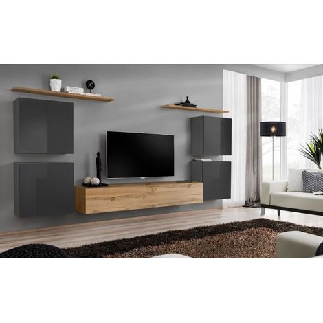 Ensemble mural - Switch IV - 1 vitrine - 1 banc TV - 2 étagères - Bois et graphite - Modèle 2 - Livraison gratuite