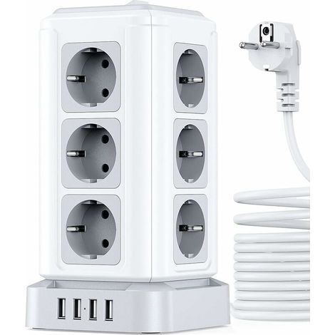 VURAHOME - Rallonge multiprise avec surtension,Tour Multiprise Electrique avec 4 Ports USB et 12 Prises, multiprise avec Interrupteur Individuel, 5M Cordon, Blanc (4000W/16A) (1/5)