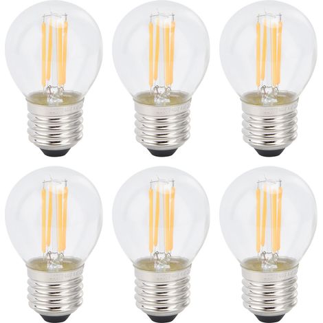 Lot de 6 ampoules LED G45 E27 4W 220V, transparentes et à filament, variateur compatible, lumière chaude, idéales pour lustres et lampes de table.
