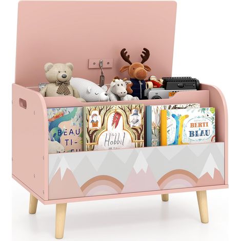 COSTWAY Cassapanca Portaoggetti per Bambini,con Libreria,Legno Massello, 60x40x43cm,Rosa (1/5)