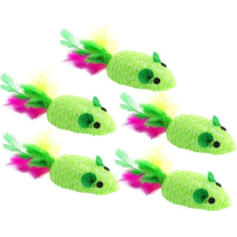 Lot De 5 Jouets Souris Tissées avec Plume Jouet pour Chat Interactif Vert Accessoire De Jeu pour Chatons et Chats D’Intérieur Format 5.12X1.18X1.18in (1/5)