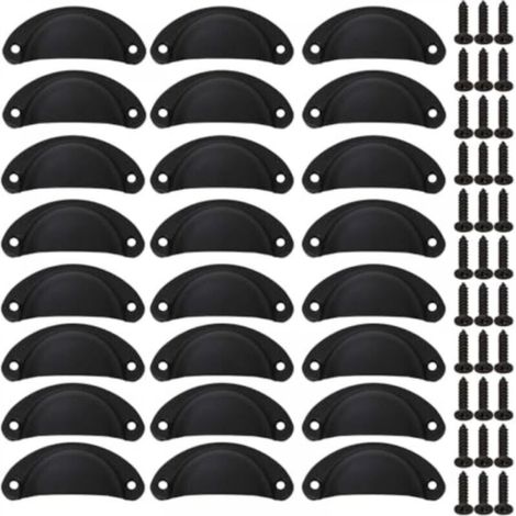 Set mit 24 muschelförmigen Schrankgriffen, schwarze Schrankgriffe mit Schrauben, Vintage-Eisen-Muschelgriffe