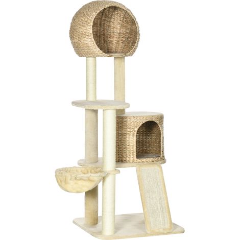 Árbol para gatos con casa de ratán, hamaca y rampa, beige, 60 x 60 x 150 cm (1/5)