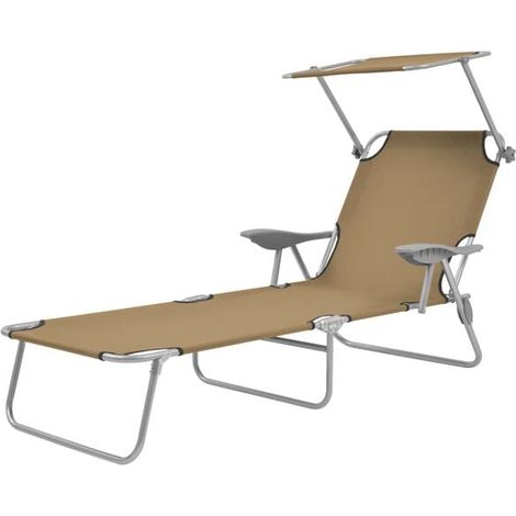 Chaise Longue Pliable avec Pare-Soleil, Acier, Gris Brun (1/5)