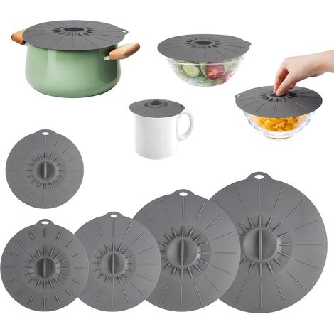 Lot de 5 couvercles en silicone pour bols, 5 tailles, compatibles micro-ondes, gris, réutilisables, sans BPA, pour bols, aliments, poêles, casseroles, four et réfrigérateur. (1/5)