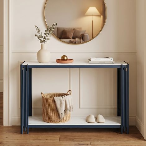 Console a 2 livelli in MDF effetto marmo bianco, metallo nero, 123,5 x 33,5 x 80 cm DESVIAE (1/5)