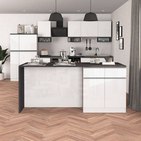 WHOUS Isola Cucina SOLE con 4 ante e 4 cassetti, tavolo da pranzo e piano di lavoro, ideale per open space e spazi ridotti, 200x90x90 cm, bianco lucido e report