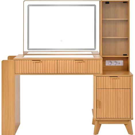Toeletta con specchio LED, 3 cassetti, 2 prese, USB e Type-C, naturale (1/5)