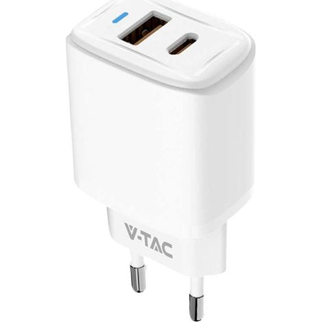 Adaptador de carga rápida V-TAC de 20 W USB-A a USB-C con dos puertos PD+QC, color blanco (1/5)