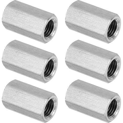 Ecrou Long M10 x 1.25 de Pas Écrou Hexagonal en Acier Inoxydable 304, 6Pcs 25mm/ 1" Longueur Raccords de Tige Filetés Avec Écrou de Serrage, Ton Argent (1/5)