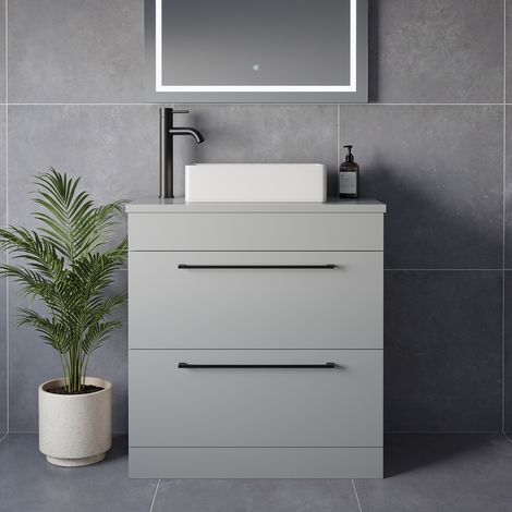 Napoli 390 Gloss Grey Pearl 800mm 2 Drawer Vanity Unit for Countertop Basins - 800mm - Matt Black 480mm Handle