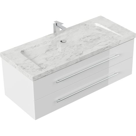 Badmöbel Marmor Carrara White Damo 130 cm 1 Hahnloch SoftClose weiß hochglanz