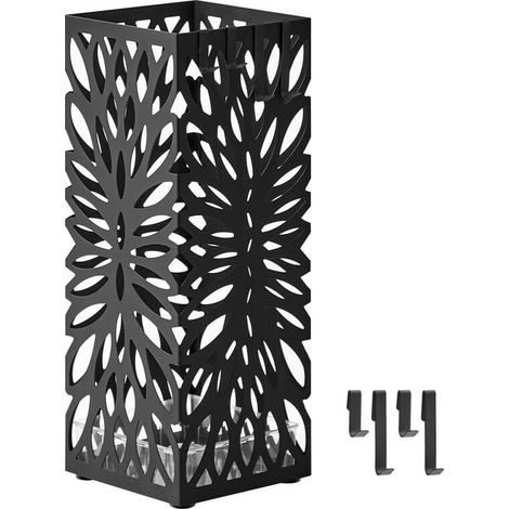 Porte-parapluies, Support pour Parapluies d’Entrée, Carré, en Acier, Organisateur sur Pieds, pour Parapluies et Cannes, avec Réceptacle d’Eau Amovible, 4 Crochets, Noir (1/4)