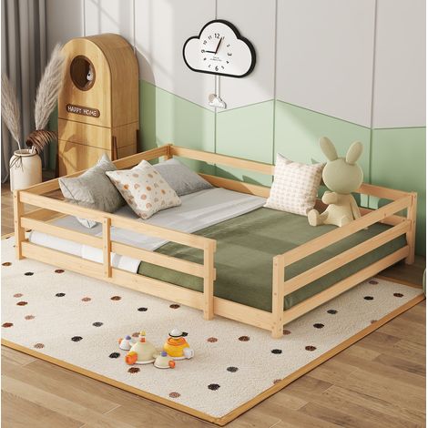 Letto Montessori per bambini a pavimento con barriere 140x200 cm, rete inclusa, pino (1/5)