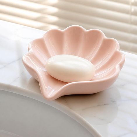 Muschelförmige Seifenschale, selbstentleerende, schräge Seifenschale Schmuckablage (rosa) (1/4)