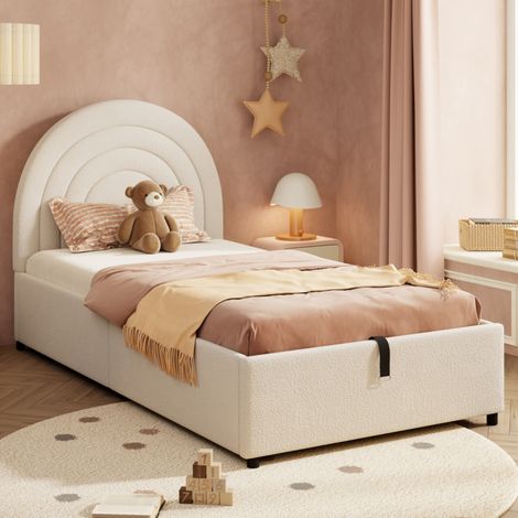 Bett Kinderbett modern 90x200 cm Bouclé Beige mit Kopfteil, Lattenrost und hydraulischem Stauraum (1/5)