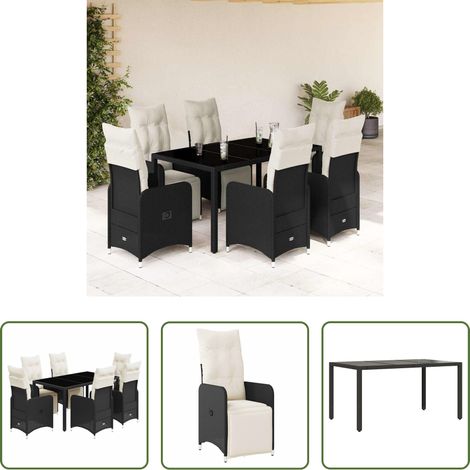 Gartentisch -  7-tlg. Garten-Bistro-Set mit Kissen Schwarz Poly Rattan (1/5)