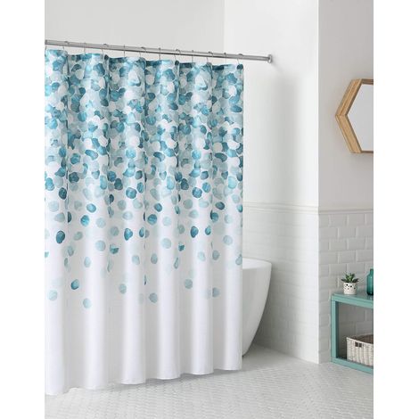 Rideau de Douche Moderne en Tissu Bleu minéral Bleu Sarcelle pour Salle de Bain : Motif Cascade d'éclaboussures d'eau, Turquoise, et Blanc (1/5)