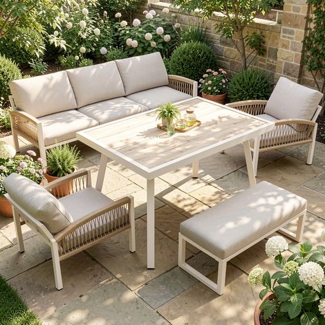 URBAN MEUBLE Salon De Jardin 7 Places Modulable En Fer Beige – Coussins Épais (1/5)