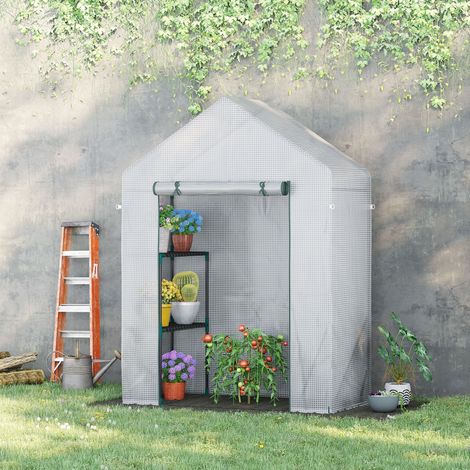 Serra da Giardino in PE e Acciaio per Esterni con 2 Scaffali e Porta Avvolgibile, 143x73x195 cm, Bianco
