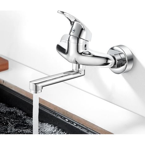 Robinet de cuisine mural pivotant à 360° - Robinet mélangeur de cuisine mural - Mitigeur monocommande pour bras pivotant - 150 mm - Eau chaude et froide - Montage mural - Chromé (1/5)