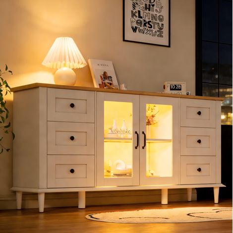 Aparador con 2 puertas de acrílico, 6 cajones y LED, blanco y tono madera, en MDF, 150 x 40 x 75 cm (1/5)