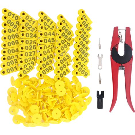 Kit d'étiquettes auriculaires pour bétail, 100 ensembles, numéro d'animal avec applicateur pour bétail, cheval, cochon, mouton, jaune, rouge, pince à 2 aiguilles (1/5)