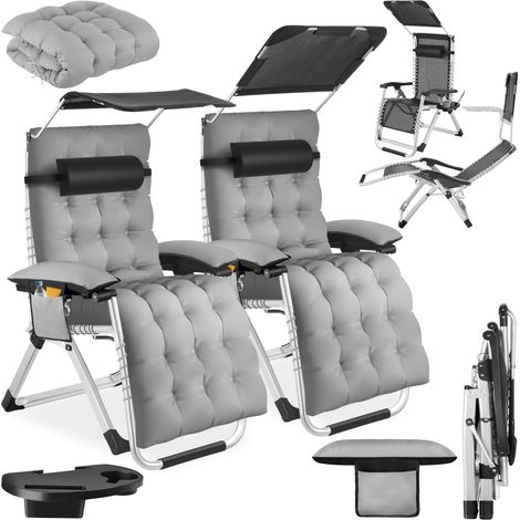 Lot 2 chaises longues pliables pare-soleil et repose-pieds gris clair