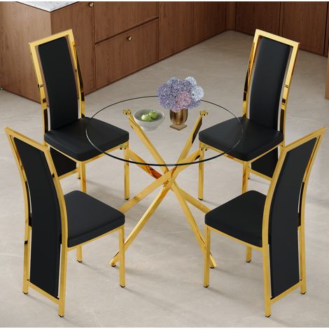 Ensemble table à manger ronde 88 cm en verre trempé et 4 chaises PU noires et dorées REDOM (1/5)