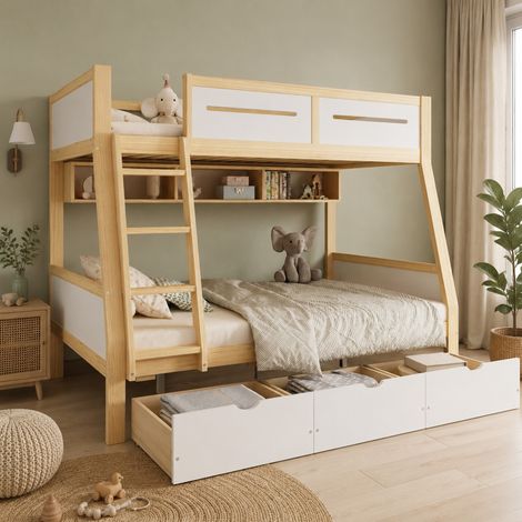 Kinder-Etagenbett 90x200/120x200 cm mit 3 Schubladen, Bücherregal und Leiter (1/5)