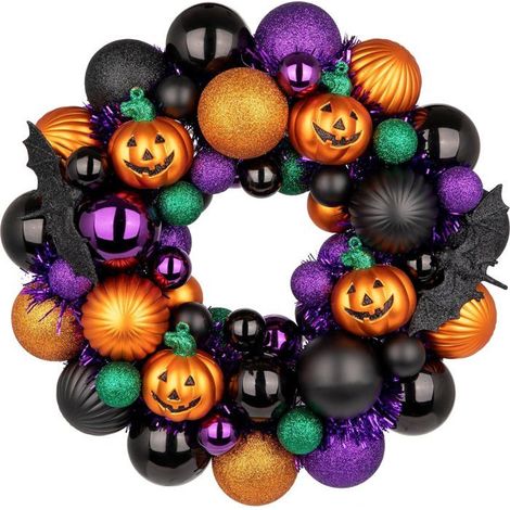 Couronne Halloween Porte 30cm avec Citrouilles et Chauves-Souris, Décoration Murale Orange Violet Noir pour Maison (1/5)