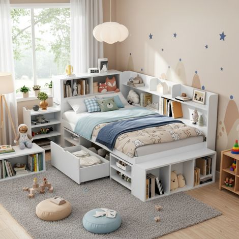 Lit enfant 90x190 cm, Lit simple multifonctionnel avec tiroirs et étagères de rangement, pour chambre ado, Blanc (1/5)