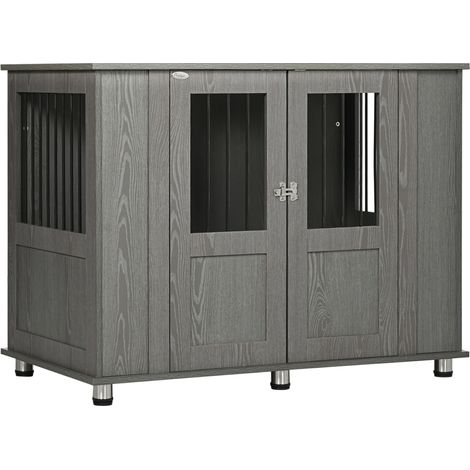 Cuccia per cani in legno grigio con serratura e porta magnetica 114 x 60 x 82 cm (1/5)