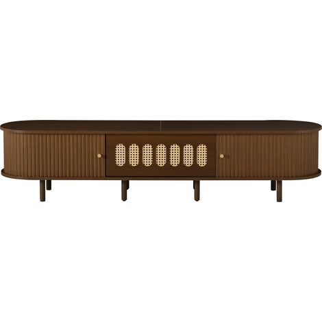 Meuble tv 180x40x40 cm noyer foncé avec portes coulissantes, design rotin, meuble bas pour salon (1/5)