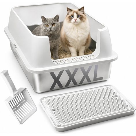 Jiubiaz Bac à litière XXL en acier inoxydable 71 x 51 x 30 cm ouvert avec rebord haut blanc (1/5)