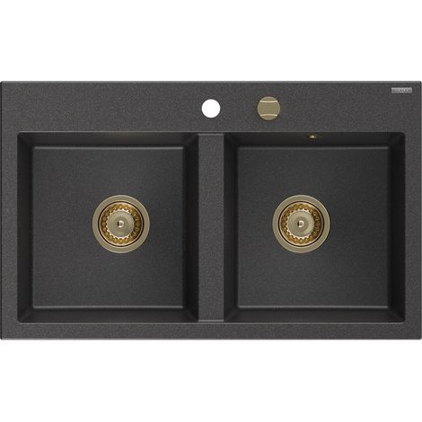Mexen Hektor Granitspüle 2-Becken 800 x 480 mm, schwarz gesprenkelt, goldener Siphon - 6521802000-76-G (1/5)
