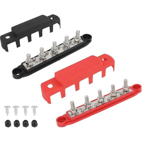 Une paire de bornes M8 haute intensité, noires/rouges, offrant une excellente conductivité et des propriétés ignifuges. Module de distribution électrique compatible avec les applications automobiles, (1/5)