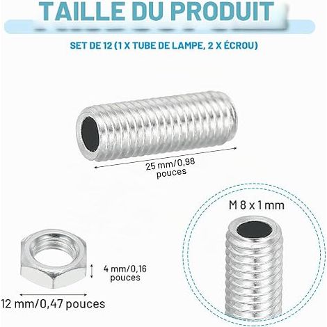 Tige Filetée Creuse M8 Filetage Fin pour Lampe en Acier au Carbone avec Écrou, 25mm Adaptateur de Filetage Tube Creux, Matériel Fixation pour Lampes, Placage de Zinc Blanc (1/4)
