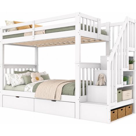Lit superposé 90 x 200 cm avec escalier, 2 tiroirs, rangements intégrés, barrière haute, certifié EN747-1, blanc, pour chambre d'enfant - CHICFURN (1/5)