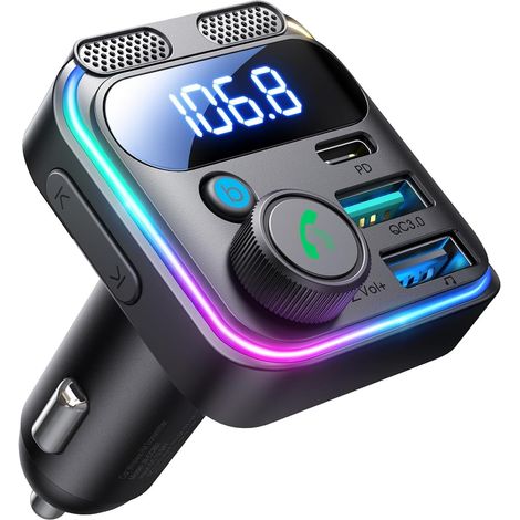 Transmetteur FM Bluetooth 5.4 pour Voiture 48W, Adaptateur Autoradio avec Bass Boost HiFi, Charge Rapide 30W PD et 18W QC 3.0, Kit Mains Libres Double Micro, USB/U-Disk, Allume-Cigare 12-24V (1/2)