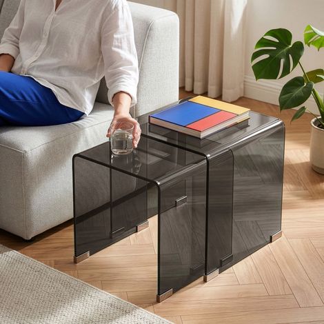 Conjunto de 2 mesas nido Kariengem vidrio templado - Gris oscuro [en.casa] (1/5)