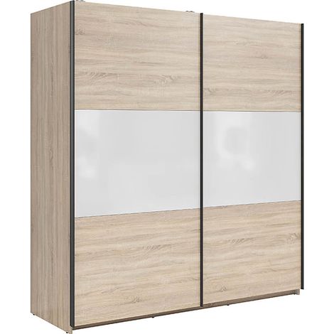 Armoire à 2 portes coulissante coloris Chêne sonoma/Blanc brillant - Longueur 183 x Profondeur 60 x Hauteur 195,5 cm (1/4)