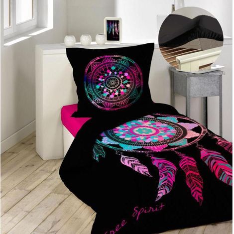 Pack parure de couette enfant 140x200 cm Porte bonheur + drap housse 90x190 Noir (1/3)