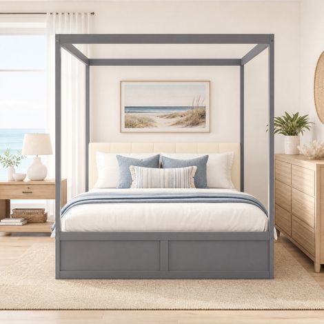 Letto casetta 140x200 cm, 2 cassetti, testiera imbottita, grigio, senza materasso FloraGrace (1/5)