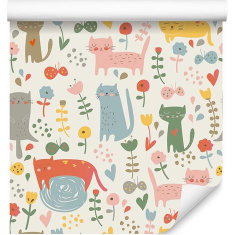 Papier peint à motifs de chatons et de plantes colorés pour salon et chambre, 50 x 1000 cm (1/5)