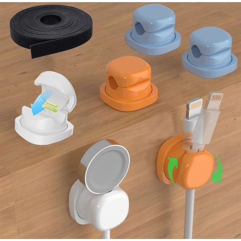 Organisateur Câble Set [INCL. 6 Accroche Cable Rotatifs à 360°, 1 Attache Cable Scratch Nylon] - Clips Câble à Ressort Autocollant, Maison Range Cable, Support Cable Bureau pour HDMI, Charge, Audio (1/5)