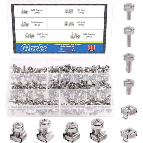 Lot de 80/160 écrous cage M5 M6 et vis de montage à trou carré et rondelles pour rack et armoire de serveur (M5 x 16 mm, M5 x 20 mm, M6 x 16 mm, M6 x 20 mm) (1/5)