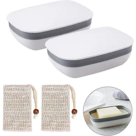 Lot de 2 porte-savons en plastique avec 2 sacs à savon en sisal (blanc) pour la salle de bain, les voyages, la randonnée et le camping. (1/5)