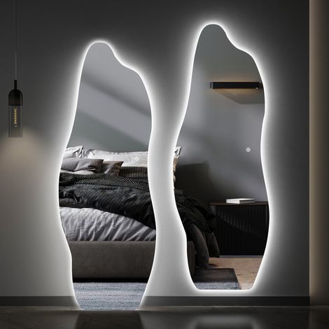 WDWRITTI Asymmetrischer Standspiegel 165x60 cm Ganzkörperspiegel mit Beleuchtung Asymetrischer Spiegel mit Beleuchtung für Ankleidezimmer, Schlafzimmer, Wohnzimmer, Friseursalon